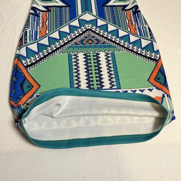 Peach Puff Dress Womens Small Blue Green Aztec Sleeveless Bodycon Geometric Mini - Picture 13 of 14